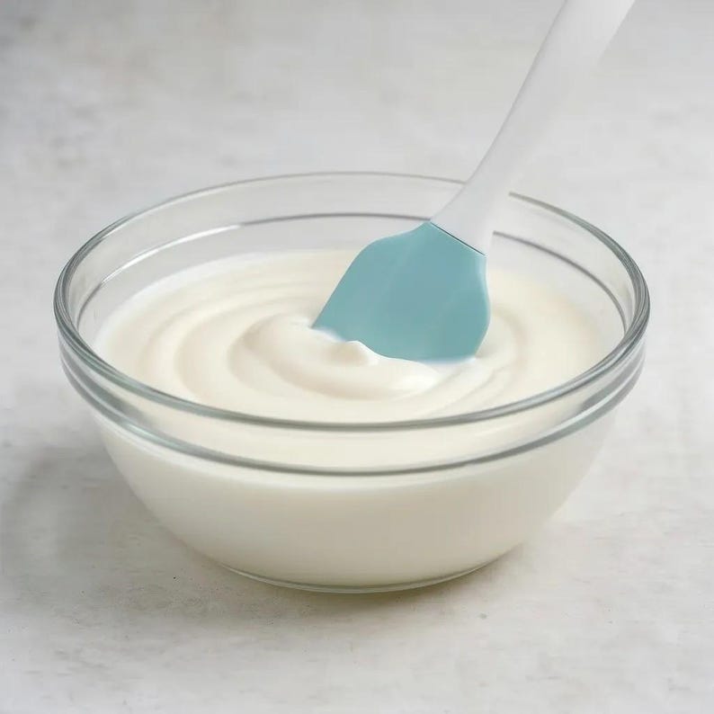 May include: A clear glass mixing bowl filled with a smooth, creamy white substance. A kitchen spatula with a light blue silicone head and a white handle is inserted into the center of the bowl, stirring the thick white mixture within the glass.