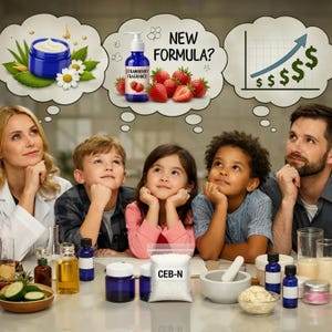 May include: A group of people looking at thought bubbles containing a blue jar with cream, a blue bottle labeled Strawberry Fragrance with strawberries, and a rising graph with dollar signs. On the table are blue jars, a bag labeled CEB-N, and bottles.
