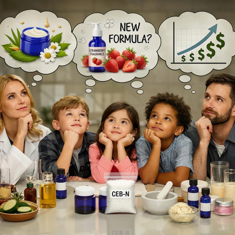 May include: A group of people looking at thought bubbles containing a blue jar with cream, a blue bottle labeled Strawberry Fragrance with strawberries, and a rising graph with dollar signs. On the table are blue jars, a bag labeled CEB-N, and bottles.