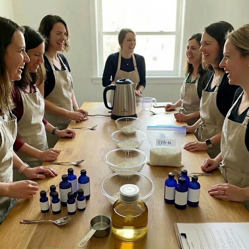 May include: A group of people wearing beige aprons stand around a long wooden table. On the table are a silver electric kettle, several clear glass bowls containing white grains, a plastic bag labeled CEB-N, blue dropper bottles, and a measuring cup.