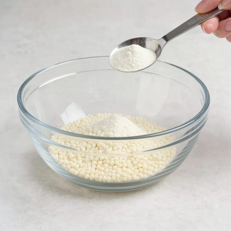 May include: A clear glass mixing bowl containing a layer of small, round, off-white beads. A metal measuring spoon is held above the bowl, pouring a fine, white powdery substance onto the center of the beads in the glass bowl.