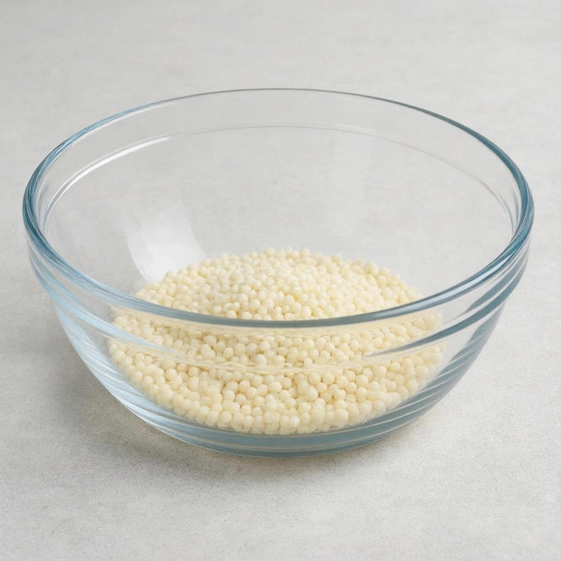 May include: A clear glass mixing bowl containing a mound of small, round, off-white wax beads. The bowl features a smooth, transparent surface with a slightly curved rim, and the beads are uniform in size, texture, and pale cream color.