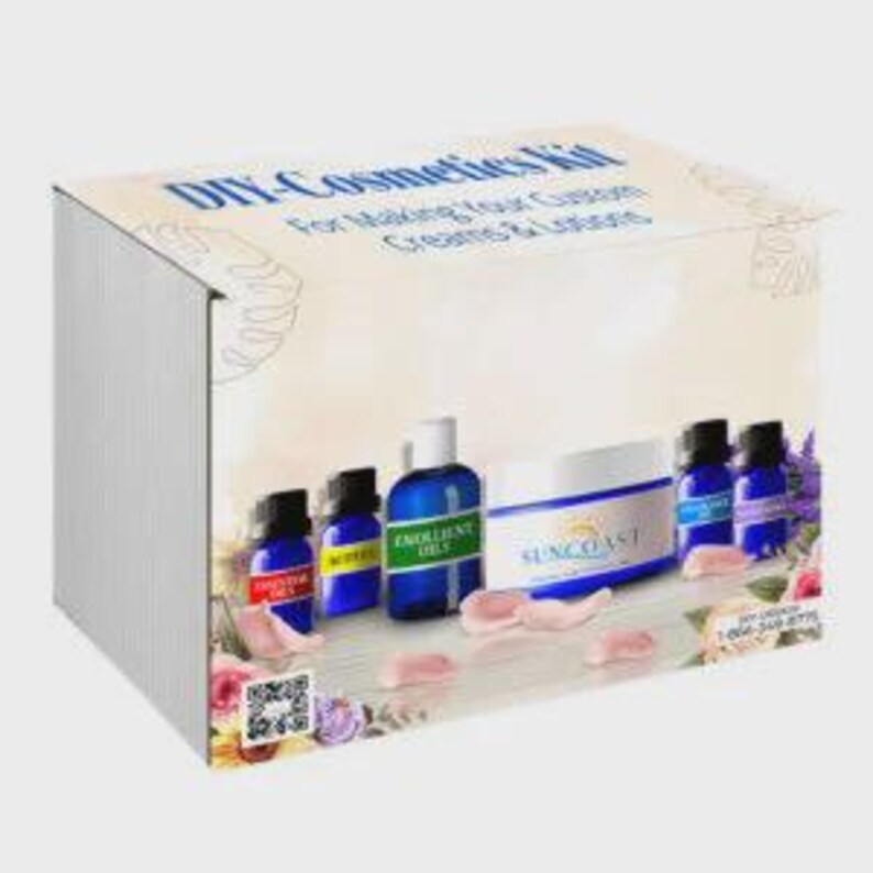May include: A DIY Cosmetics Kit box for making custom creams and lotions. The packaging features floral graphics and displays several small blue bottles labeled Essential Oils, Butters, and Emollient Oils, alongside a Suncoast cream jar.