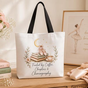 Moonlit Coffee Stack Tote Bag | coffee, books, moon, floral illustration
