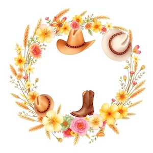 May include: A circular floral wreath featuring yellow, pink, and orange wildflowers interspersed with wheat stalks. The arrangement includes two tan cowboy hats, one white cowboy hat with a brown band, and a single brown leather cowboy boot.