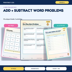 Puede incluir: Un paquete para docentes de 3 semanas para segundo grado titulado Add + Subtract Word Problems. El conjunto incluye 59 páginas de hojas de trabajo en formato PDF carta de EE. UU., con laberintos de cálculo, problemas matemáticos y sumas.
