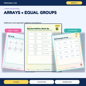Hojas de trabajo de 2.º grado sobre matrices y grupos iguales / Suma repetida de números pares e impares / Paquete de matemáticas de 3 semanas / Claves de respuestas en PDF