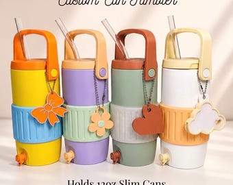 Custom 12oz Slim Can Tumbler with Can Opener Charm | Personalized Colors | Insulated Drink Holder | Includes Straw