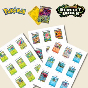 May include: A collection of Pokémon trading cards and printed sheets featuring various characters like Erika's Gloom, Mega Dragonite ex, and Cinderace ex. The display includes the Pokémon logo and a Mega Evolution Perfect Order graphic at the top.