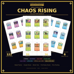 May include: A digital collector bundle titled Chaos Rising by CardCreationCrew featuring 122 total cards, including 86 base set cards, 36 secret rares, and 6 mega evo ex cards. The display shows multiple sheets of trading cards with various illustrations.