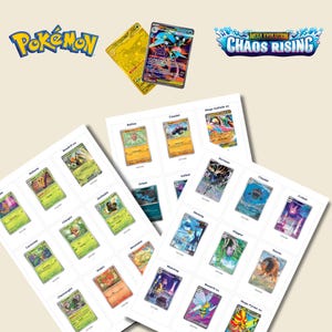Könnte beinhalten: Eine Sammlung von Pokemon-Sammelkarten mit zwei losen Karten oben und mehreren Blättern mit gedruckten Kartenbildern. Das Pokemon-Logo und der Text Mega Evolution Chaos Rising sind sichtbar. Die Karten zeigen verschiedene farbenfrohe Charakterillustrationen.