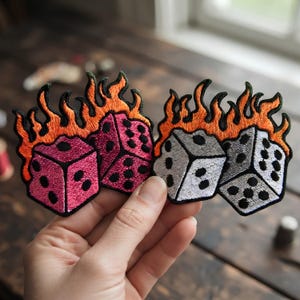 Flaming Dice Patch Set, Embroidered Iron-On Badges, Biker Jacket Decor, Rockabilly Style