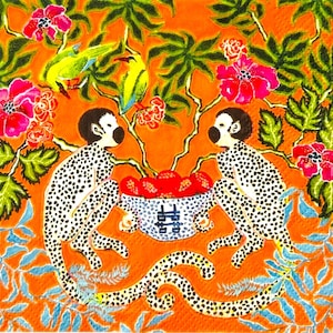 May include: A square paper napkin featuring a vibrant orange background with two spotted monkeys facing each other. They hold a white bowl filled with red fruit. The design includes green foliage, bright pink flowers, and two yellow birds.