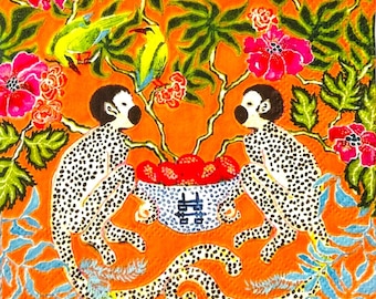 Paper napkin for decoupage Chinoiserie theme monkeys and ginger jar under palm tree Decoupage paper napkin napkin for decoupage Chinoiserie