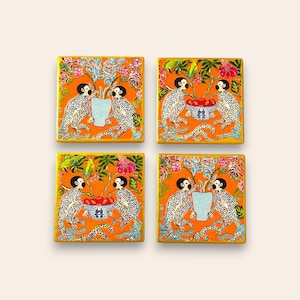 Ginger Jar Chinoiserie themed coasters with two monkeys under palm tree Monkeys on Coaster Coaster Ginger Jar Monkey under Palm Tree