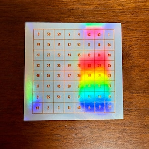 May include: A square holographic sticker featuring an eight-by-eight grid of numbers from one to sixty-four printed in orange. The right side of the sticker displays a vertical rainbow gradient effect that shifts from red at the top to blue at the bottom.