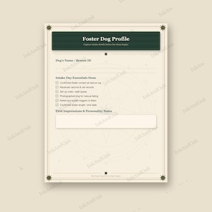 Puede incluir: Un formulario de perfil de perro en acogida de color crema con un encabezado verde oscuro. El documento incluye campos para el nombre del perro o ID de rescate, una lista de verificación de elementos esenciales y notas de personalidad.