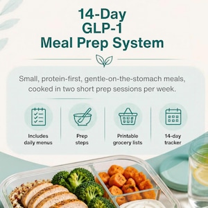 Può includere: Un'infografica 14-Day GLP-1 Meal Prep System con testo su pasti proteici, sessioni di preparazione, menu giornalieri, passaggi, liste della spesa e un tracker di 14 giorni. Sotto, un contenitore in vetro contiene pollo, broccoli e carote.