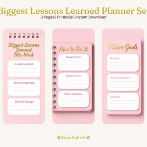 Könnte beinhalten: Ein dreiseitiges rosa Planer-Set mit dem Titel Biggest Lessons Learned Planner Set. Die Seiten enthalten goldenen Text und weiße Felder mit Aufforderungen wie Biggest Lessons Learned This Week, How to Fix It und Future Goals.