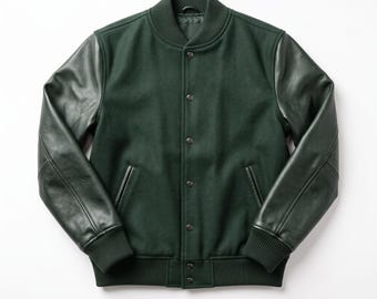 Hunter Green Wool Varsity Jacket | Leather Sleeve Letterman | Ivy League Preppy Bomber