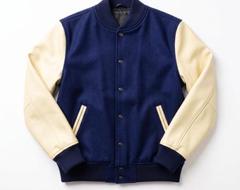 Navy Blue Varsity Jacket | Cream Leather Letterman Coat | Vintage Americana Bomber
