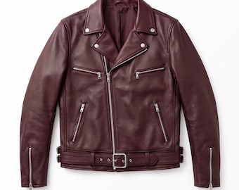 Men's Burgundy Leather Biker Jacket | Oxblood Motorcycle Coat | Dark Red Asymmetrical Outerwear