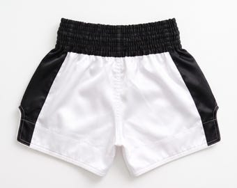 Retro Black & White Satin Muay Thai Shorts | Minimalist Boxing Trunks | Blank MMA Fightwear
