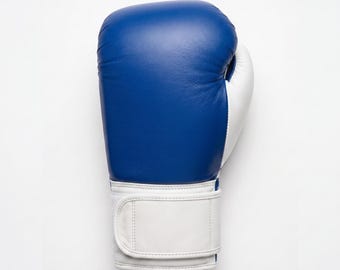 Blank Blue & White Leather Boxing Gloves | Muay Thai Sparring Gear 10oz-16oz | Gloves Pair
