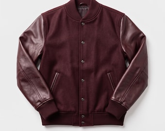 Burgundy Wool Varsity Jacket | Maroon Leather Letterman Coat | Dark Academia Bomber