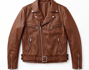 Men's Cognac Brown Leather Motorcycle Jacket | Asymmetrical Biker Coat | Vintage Rider Outerwear