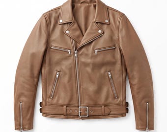 Men's Camel Leather Biker Jacket | Tan Asymmetrical Motorcycle Coat | Casual Rider Outerwear