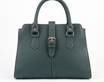 Dark Green Pebbled Leather Satchel | Triple Zip Professional Work Tote