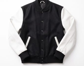 Black White Varsity Jacket | Genuine Leather Letterman Coat | Classic Streetwear Bomber Men