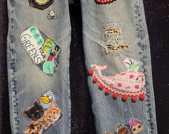 Levi 501 Patched textile art jeans. Ready to wear and have FUN. 38x33