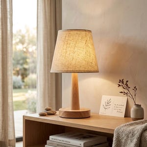 Peut inclure: Une lampe de table avec un abat-jour en tissu texturé de couleur claire et une base en bois lisse et conique. La lampe émet une lueur chaude qui illumine la zone environnante. Le design présente un pied cylindrique sur une base circulaire.