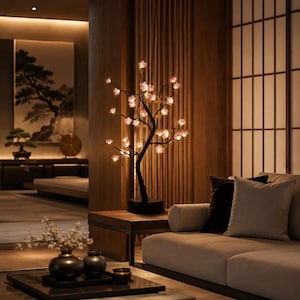 Peut inclure: Une lampe LED décorative en forme d'arbre avec un tronc et des branches brun foncé, ornée de nombreuses petites fleurs de cerisier roses lumineuses. La lampe possède une base ronde noire et diffuse une lumière douce et chaude par chaque fleur.
