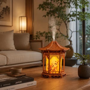 Peut inclure: Un diffuseur d'huiles essentielles en bois en forme de pagode traditionnelle avec une base et un toit hexagonaux. Le panneau central éclairé diffuse une lueur orange chaude avec un motif de branches et de fleurs noires, émettant une vapeur blanche.