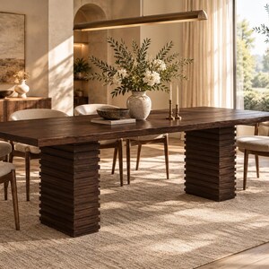 95 Inch Espresso Dining Table, Modern Rectangular Wood Table with Ribbed Double Pedestal Base, Large Dining Room Table for 6 to 10