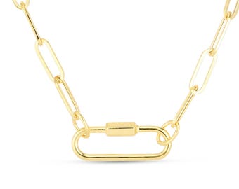 14K Yellow Gold Paperclip Chain Necklace, Oval Carabiner Lock Clasp