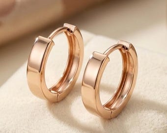 Solid 14K Rose Gold Wide Huggie Hoop Earrings, 15mm Warm Gold Hoops
