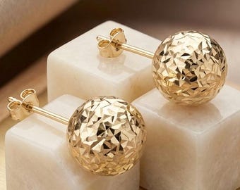 Solid 14K Yellow Gold Diamond-Cut Ball Stud Earrings, 10mm Sparkle Sphere Push Backs