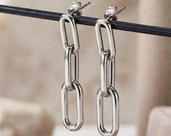 14K Solid White Gold Triple Paperclip Dangle Earrings | Rhodium Finish Link Drop Jewelry