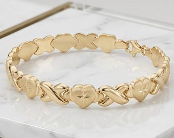 10K Yellow Gold Plated Sterling Silver Hearts and Kisses Bracelet, 7.5" XOXO Link Jewelry