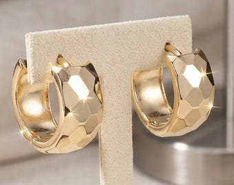 14K Solid Yellow Gold Reversible Huggie Hoop Earrings – Diamond-Cut & Polished Finishes