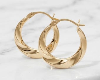 10K Yellow Gold Twisted Ribbon Hoop Earrings, 17mm Graduated Lightweight Huggies