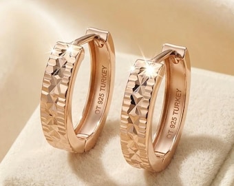 14k Rose Gold Sterling Silver Oval Huggie Hoop Earrings, Reversible Diamond Cut Polish