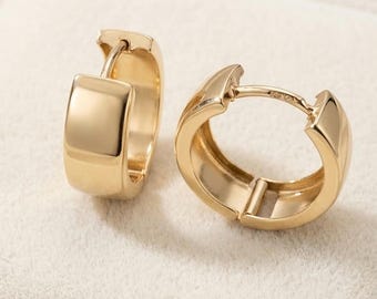 Solid 14K Yellow Gold Wide Huggie Hoop Earrings • 16mm Polished Clicker Chunky Hoops