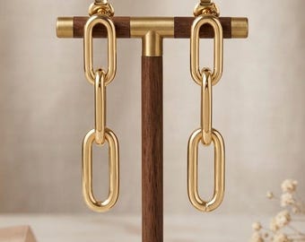 14K Solid Yellow Gold Triple Paperclip Dangle Earrings | Luxury High-Polish Link Drop (3.56g)