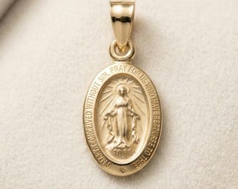 14K Gold Small Miraculous Medal Pendant • Dainty Oval Catholic Charm (Yellow, White, Rose)