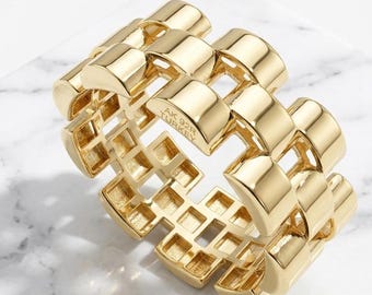 14k Gold Plated Sterling Silver Watch Link Ring, 9mm Wide Panther Statement Band